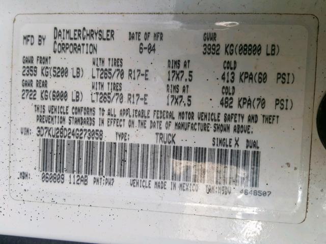 3D7KU28D24G273058 - 2004 DODGE RAM 2500 S თეთრი ფოტო 10