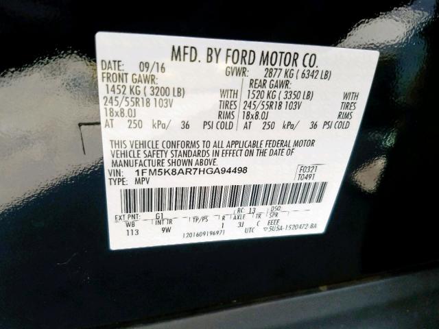 1FM5K8AR7HGA94498 - 2017 FORD EXPLORER P BLACK photo 10