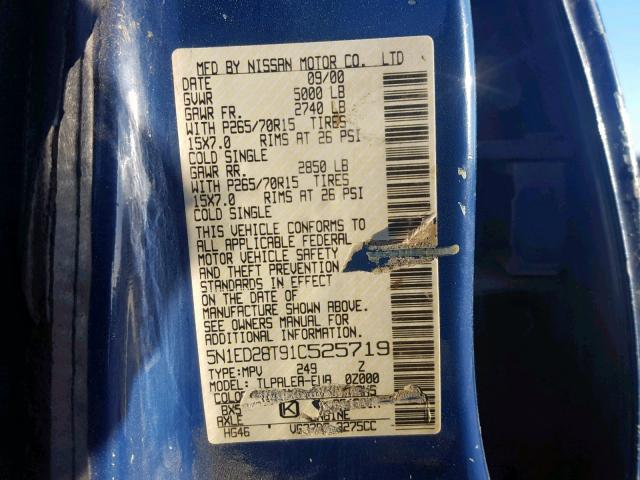 5N1ED28T91C525719 - 2001 NISSAN XTERRA XE BLUE photo 10