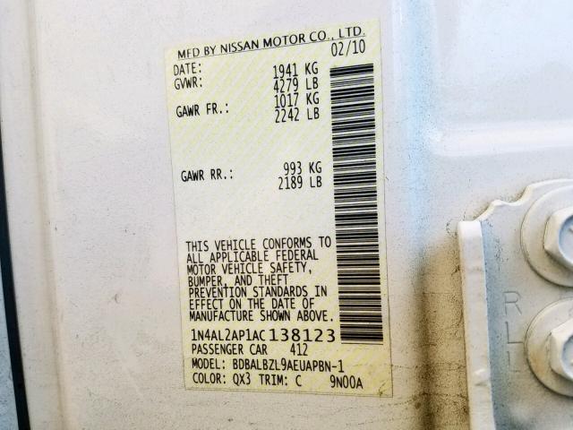 1N4AL2AP1AC138123 - 2010 NISSAN ALTIMA BAS WHITE photo 10