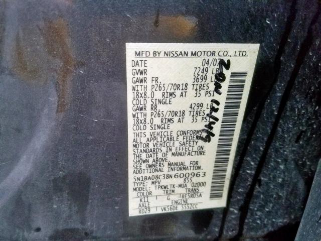 5N1BA08C38N600963 - 2008 NISSAN ARMADA SE GRAY photo 10