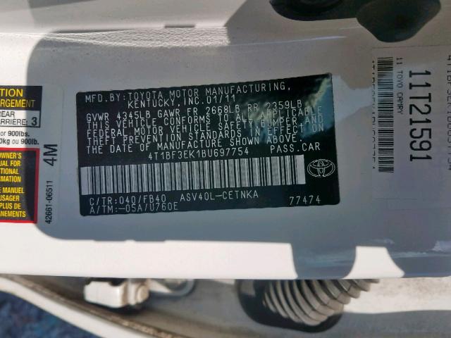 4T1BF3EK1BU697754 - 2011 TOYOTA CAMRY BASE WHITE photo 10