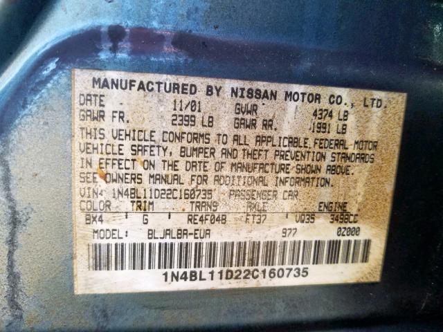 1N4BL11D22C160735 - 2002 NISSAN ALTIMA SE TEAL photo 10