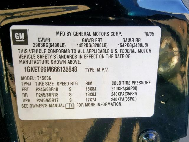 1GKET66M666135648 - 2006 GMC ENVOY DENA BLACK photo 10