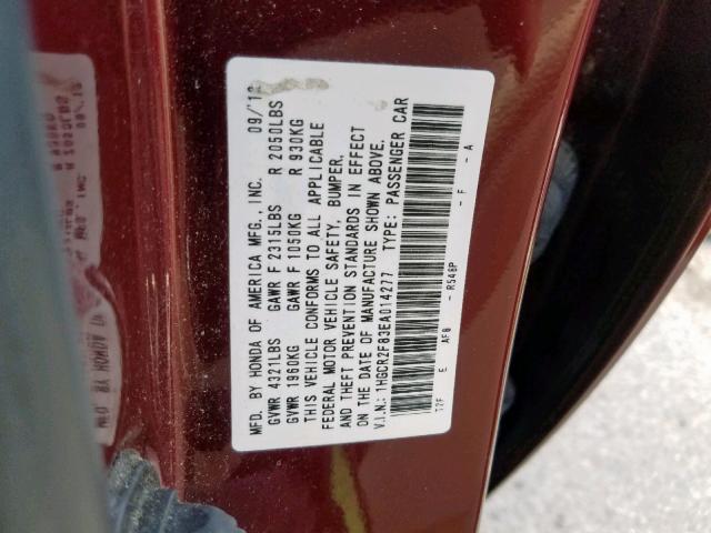 1HGCR2F83EA014277 - 2014 HONDA ACCORD EXL MAROON photo 10