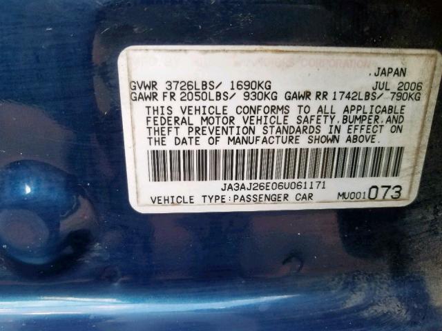 JA3AJ26E06U061171 - 2006 MITSUBISHI LANCER ES BLUE photo 10