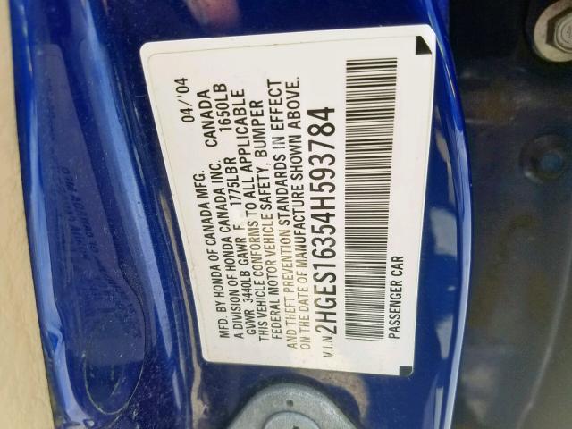 2HGES16354H593784 - 2004 HONDA CIVIC DX V BLUE photo 10