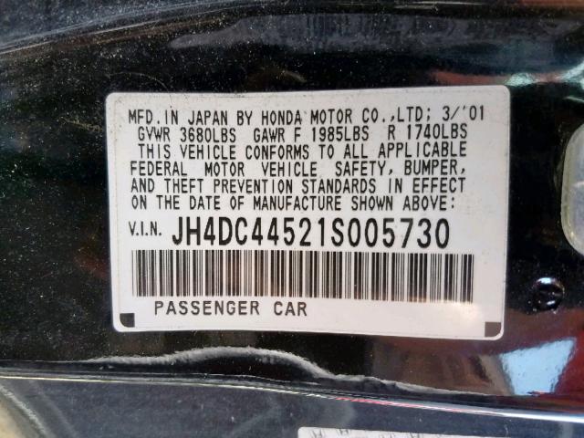 JH4DC44521S005730 - 2001 ACURA INTEGRA LS BLACK photo 10