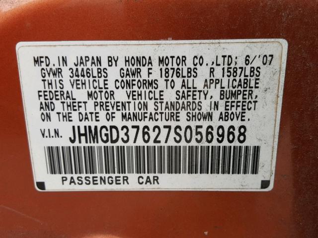 JHMGD37627S056968 - 2007 HONDA FIT S 橙色 照片 10