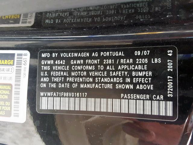 WVWFA71F98V016117 - 2008 VOLKSWAGEN EOS LUX 黑色 照片 10