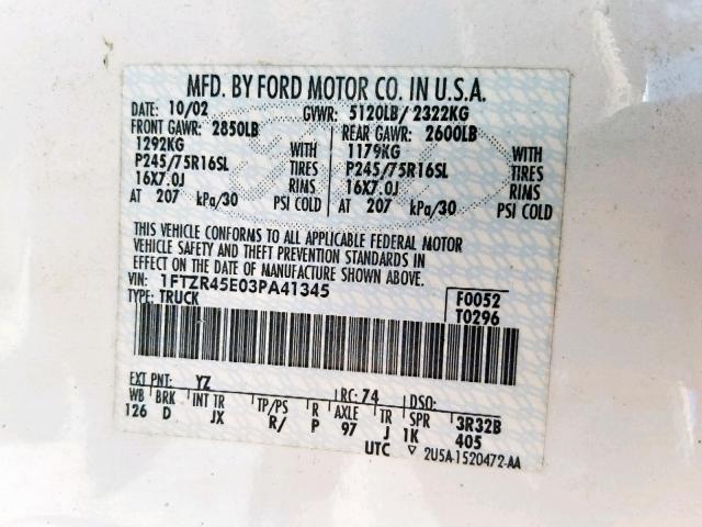 1FTZR45E03PA41345 - 2003 FORD RANGER SUP WHITE photo 10