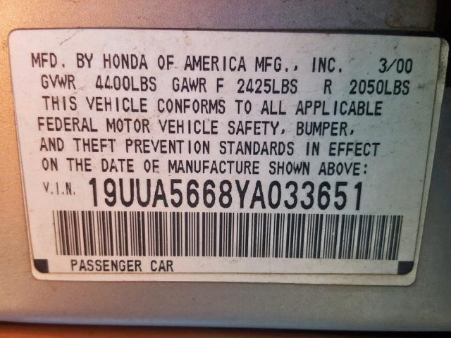 19UUA5668YA033651 - 2000 ACURA 3.2TL SILVER photo 10