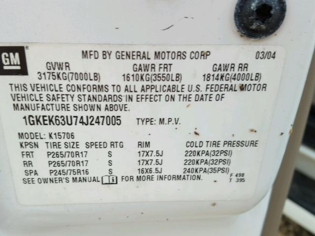 1GKEK63U74J247005 - 2004 GMC YUKON DENA WHITE photo 10