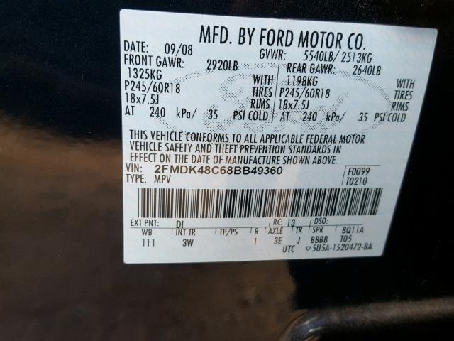 2FMDK48C68BB49360 - 2008 FORD EDGE SEL BLUE photo 10