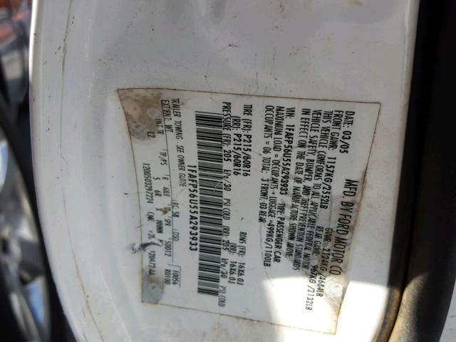 1FAFP56U55A293933 - 2005 FORD TAURUS SEL WHITE photo 10