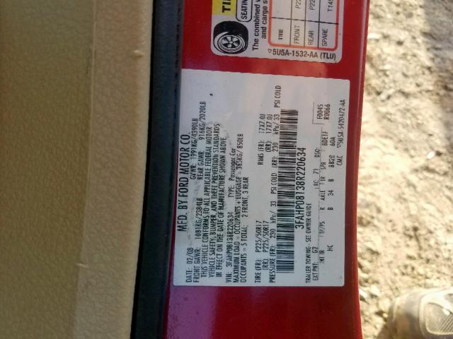 3FAHP08138R220634 - 2008 FORD FUSION SEL RED photo 10
