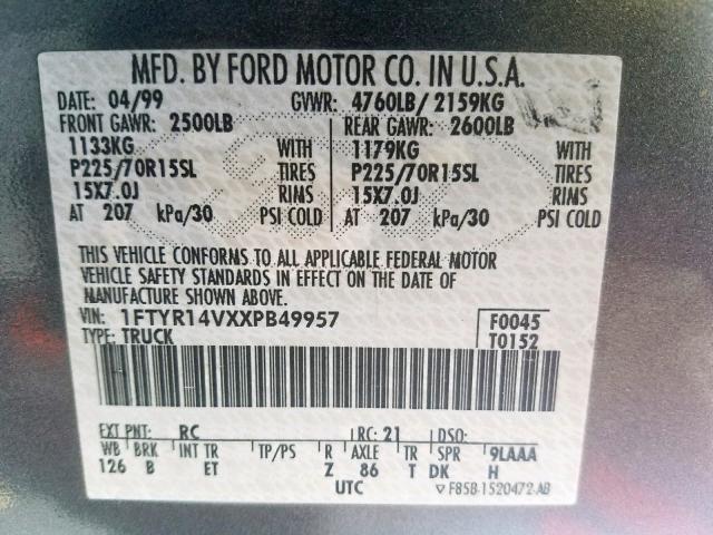 1FTYR14VXXPB49957 - 1999 FORD RANGER SUP GRAY photo 10