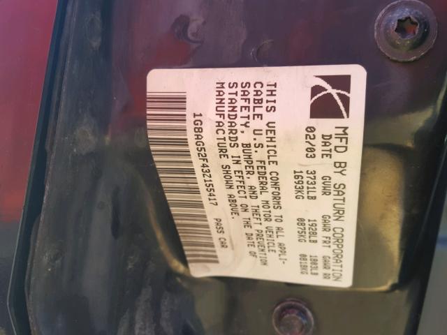 1G8AG52F43Z155417 - 2003 SATURN ION LEVEL BLACK photo 10
