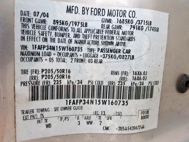 1FAFP34N15W160735 - 2005 FORD FOCUS ZX4 SILVER photo 10