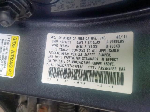 1HGCR2F8XEA009626 - 2014 HONDA ACCORD EXL GRAY photo 10