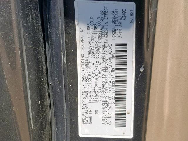 5TDZT38A83S185493 - 2003 TOYOTA SEQUOIA LI GRAY photo 10