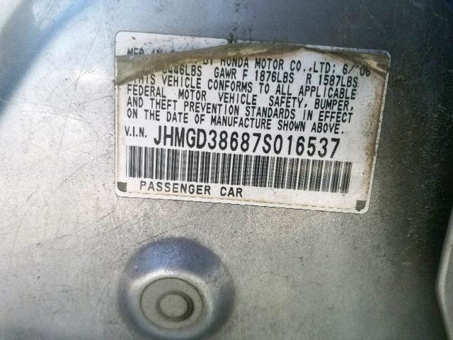 JHMGD38687S016537 - 2007 HONDA FIT S 灰色 照片 10