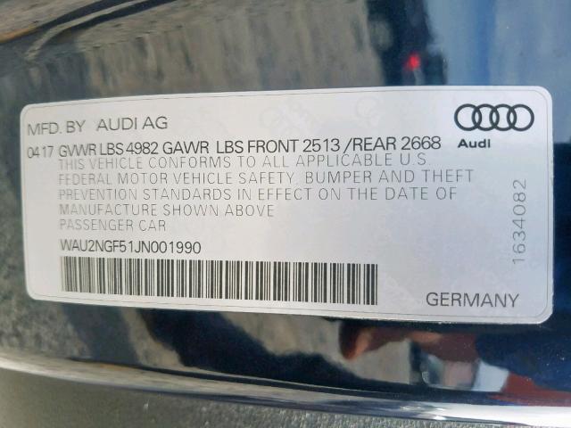 WAU2NGF51JN001990 - 2018 AUDI A5 PRESTIG GRAY photo 10