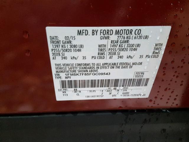 1FM5K7F85FGC09543 - 2015 FORD EXPLORER L RED photo 10