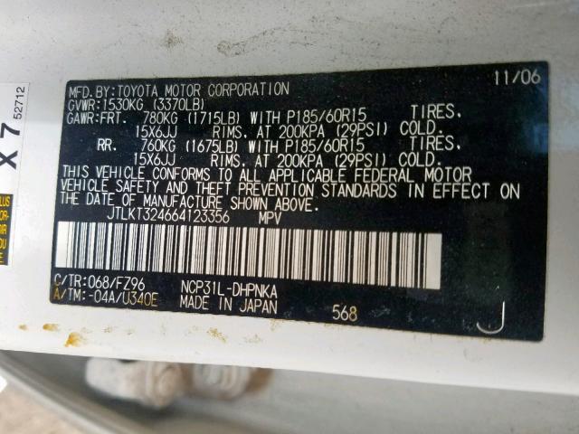 JTLKT324664123356 - 2006 TOYOTA SCION XB თეთრი ფოტო 10