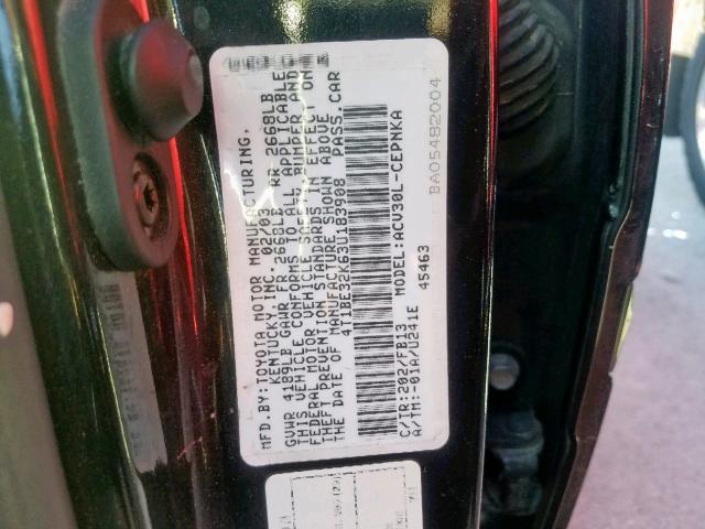 4T1BE32K63U183908 - 2003 TOYOTA CAMRY LE BLACK photo 10