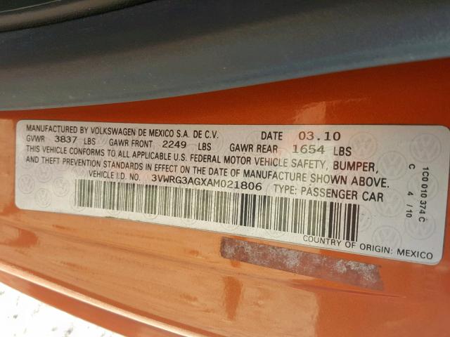 3VWRG3AGXAM021806 - 2010 VOLKSWAGEN NEW BEETLE ნარინჯისფერი ფოტო 10