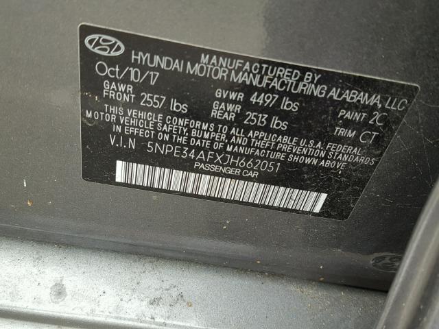 5NPE34AFXJH662051 - 2018 HYUNDAI SONATA SPO GRAY photo 10