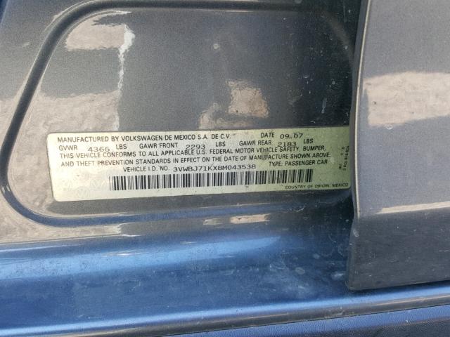 3VWBJ71KX8M043538 - 2008 VOLKSWAGEN GLI ნაცრისფერი ფოტო 10