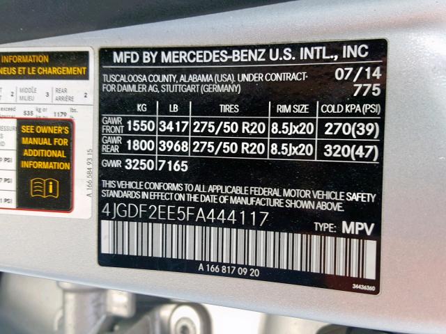 4JGDF2EE5FA444117 - 2015 MERCEDES-BENZ GL 350 BLU SILVER photo 10