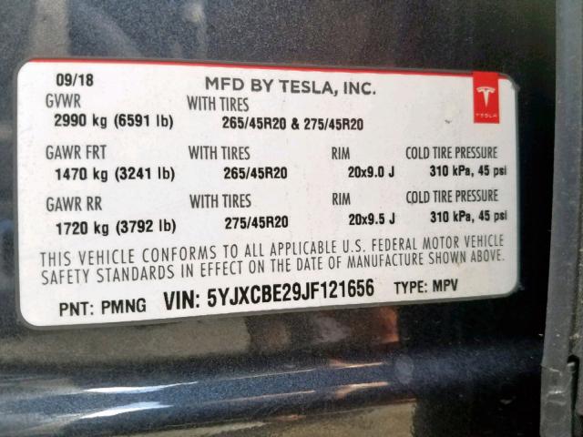 5YJXCBE29JF121656 - 2018 TESLA MODEL X GRAY photo 10