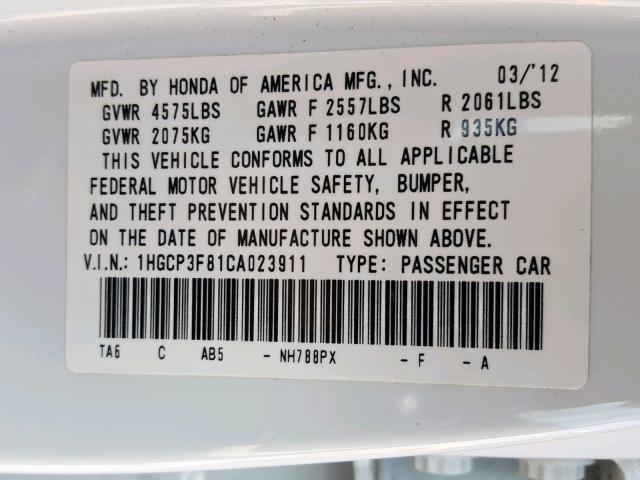 1HGCP3F81CA023911 - 2012 HONDA ACCORD EXL WHITE photo 10