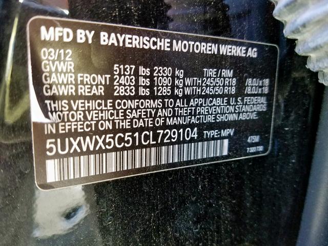 5UXWX5C51CL729104 - 2012 BMW X3 XDRIVE2 BLACK photo 10