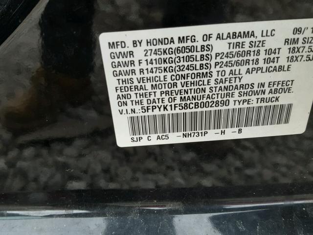 5FPYK1F58CB002890 - 2012 HONDA RIDGELINE BLACK photo 10