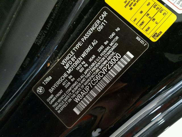 WBAUP7C56CVP23000 - 2012 BMW 128 I BLACK photo 10