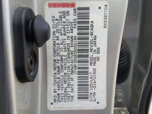 JTHBF30G836000186 - 2003 LEXUS ES 300 SILVER photo 10