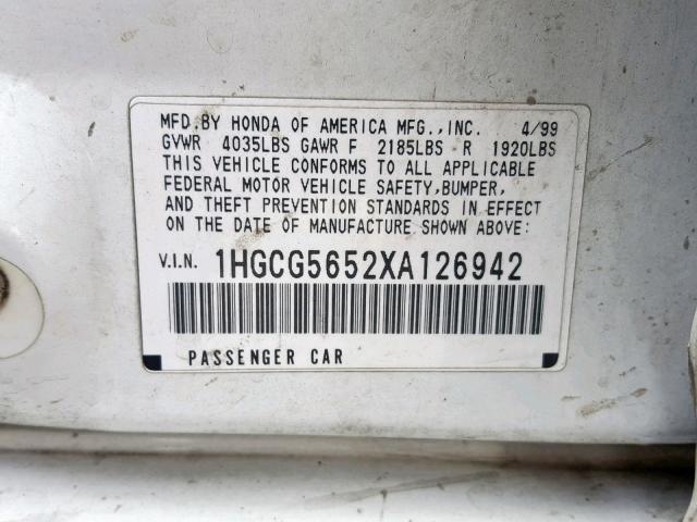 1HGCG5652XA126942 - 1999 HONDA ACCORD EX WHITE photo 10