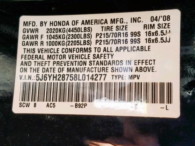 5J6YH28758L014277 - 2008 HONDA ELEMENT EX BLACK photo 10