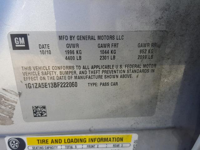 1G1ZA5E13BF222060 - 2011 CHEVROLET MALIBU LS ვერცხლისფერი ფოტო 10