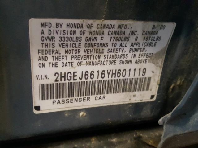 2HGEJ6616YH601119 - 2000 HONDA CIVIC BASE GREEN photo 10