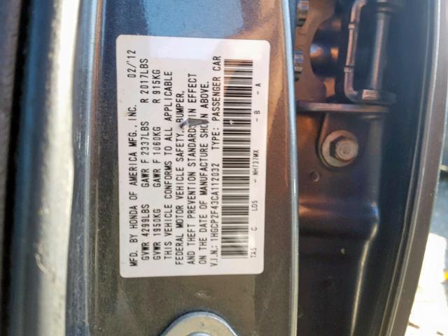 1HGCP2F43CA112032 - 2012 HONDA ACCORD LXP GRAY photo 10