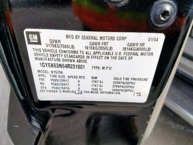 1GYEK63N64R231801 - 2004 CADILLAC ESCALADE L BLACK photo 10