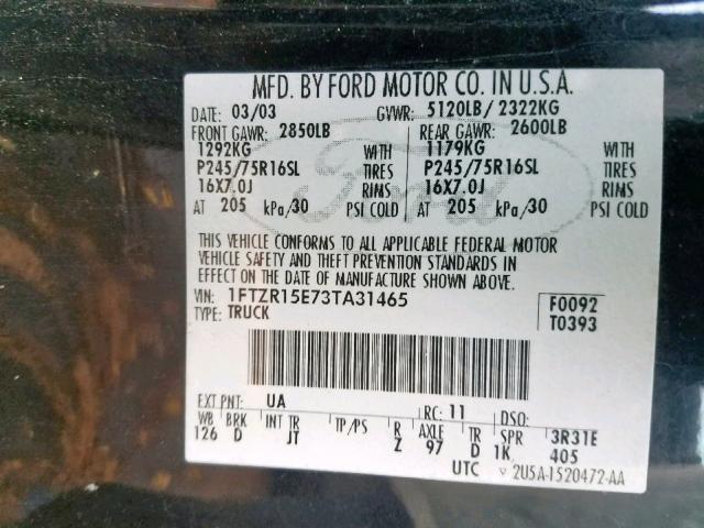 1FTZR15E73TA31465 - 2003 FORD RANGER SUP GREEN photo 10