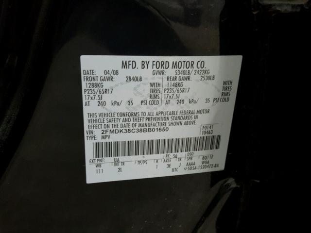 2FMDK38C38BB01650 - 2008 FORD EDGE SEL BLACK photo 10