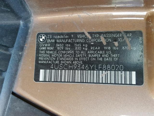 4USCH9346YLF88020 - 2000 BMW Z3 2.3 BROWN photo 10