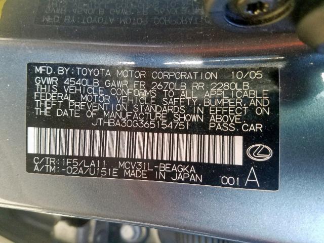 JTHBA30G365154751 - 2006 LEXUS ES 330 BLUE photo 10